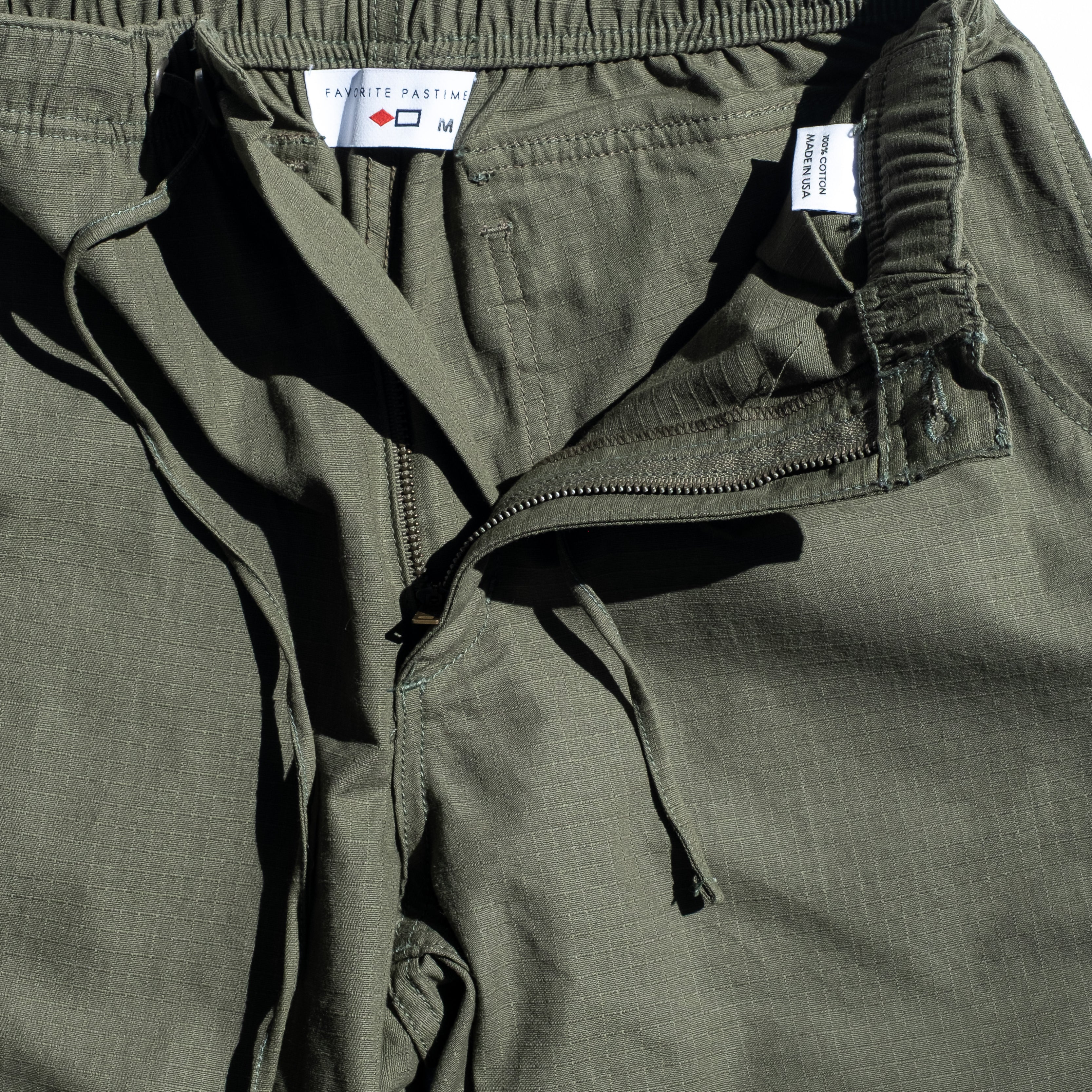 Favorite Pastime Cruiser Pant Army Green – elastic waistband, drawcord and YKK zipper fly