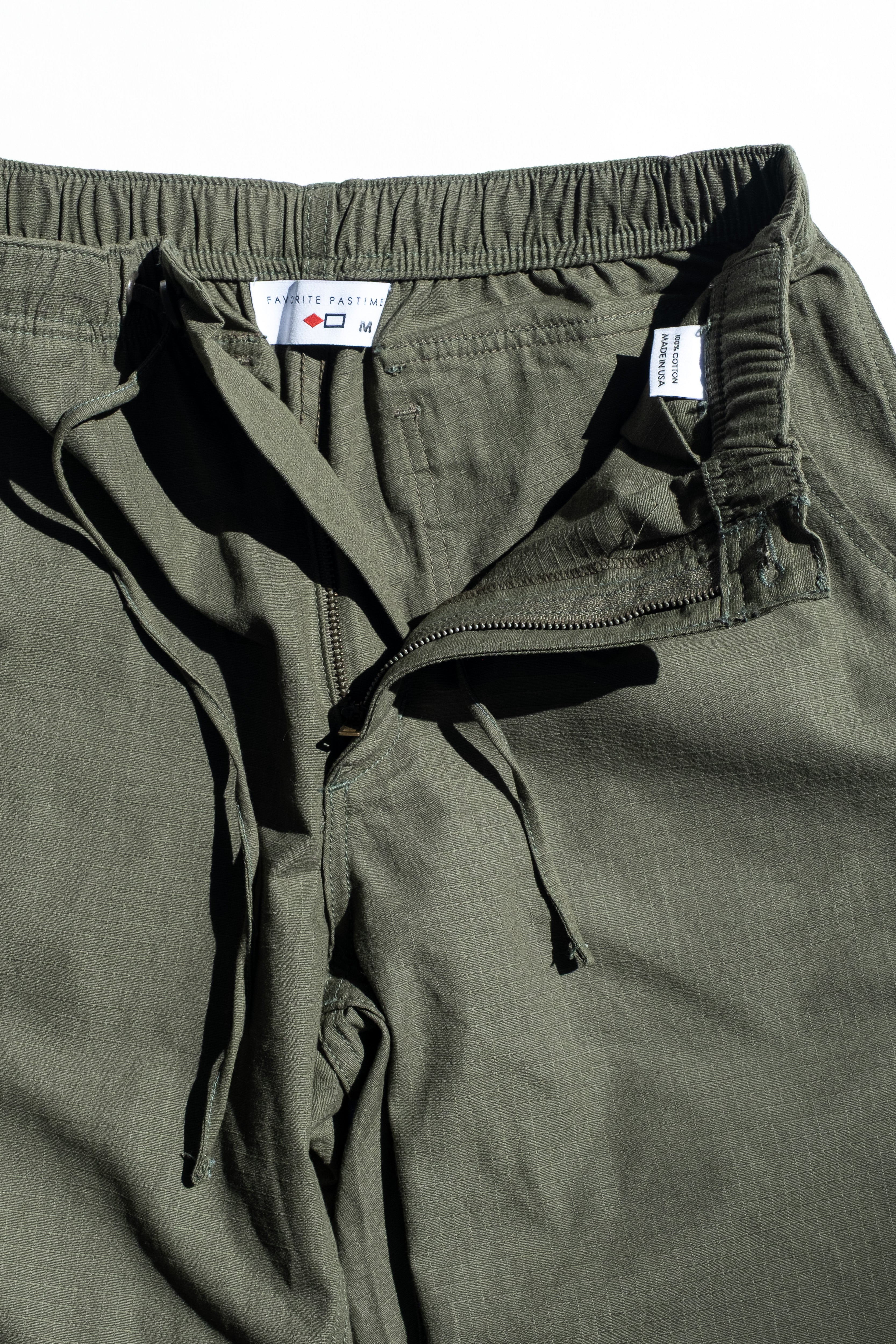Favorite Pastime Cruiser Pant Army Green – elastic waistband, drawcord and YKK zipper fly